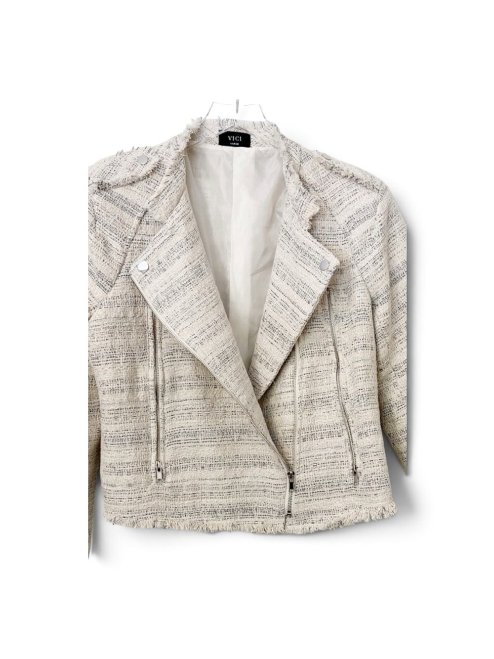 Tweed style tailored and structured jacket EUC from Vici with silvery zippers.